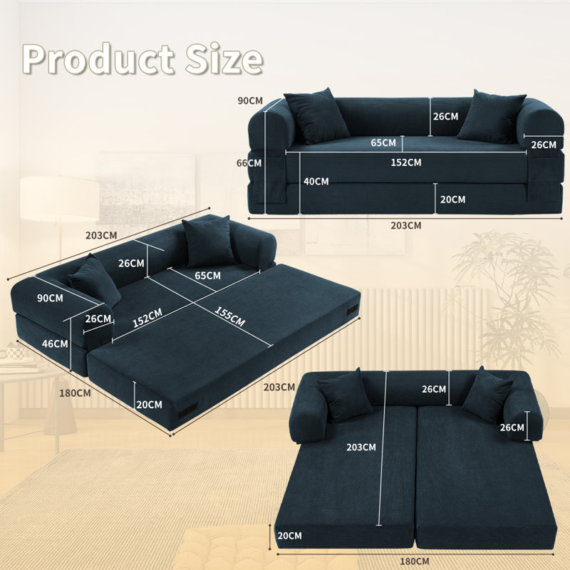 Boneless Convertible Sleeper Sofa Bed with Cylindrical Pillow, Corduroy Folding Mattress Couch, Floor Sofa Sofa-in-a-Box, No Installation & Easy to Transport, Deep Seat