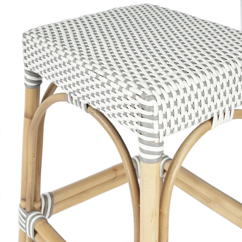 Robias Rattan 18" Dining Stool, White/Navy Dot/ Natural Rattan Frame