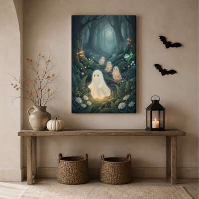 Fantômes lumineux dans une forêt au clair de lune avec des champignons - Toile murale d'Halloween