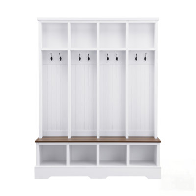 Farmhouse Wide Hall Tree With 8 Hooks, Practical Entryway Bench With Open Compartments