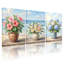 Ensemble de 3 tableaux sur toile tendue représentant un bouquet de fleurs et une scène de plage-580788744
