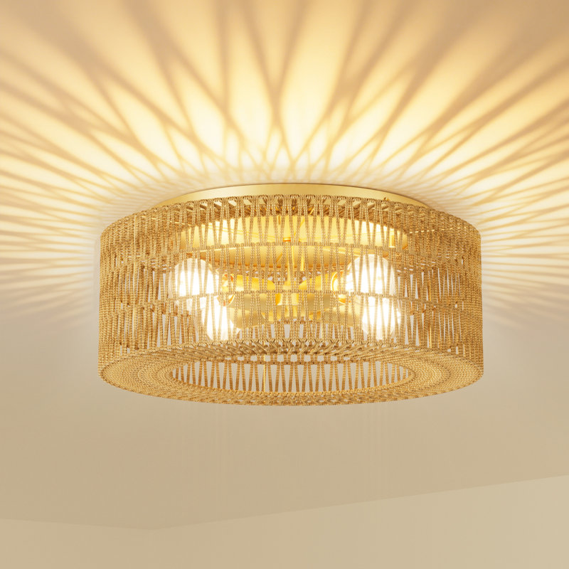 17.7" Boho Rattan Ceiling Light,4-Light Modern Farmhouse Rattan Light Fixture With Dimmable E26 LED Bulb Gold Handmade Ceiling Lamp For Dining Room,Hallway,Bedroom,Foyer And Kitchen