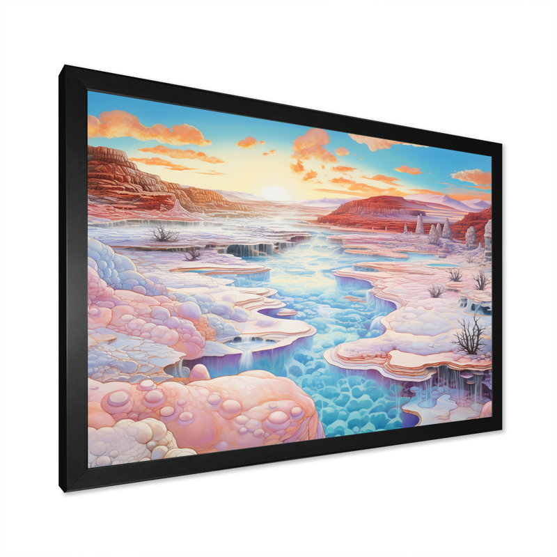 Paysage de kawaii, rêve de geyser rose I, Cadre simple noir, H 12 po x l 20 po x P 1 po