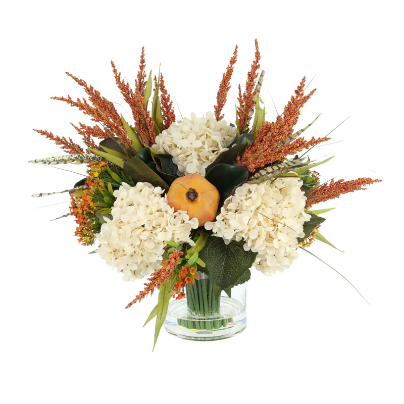 Fall Arrangement with Hydrangeas and Thistle, Cream
