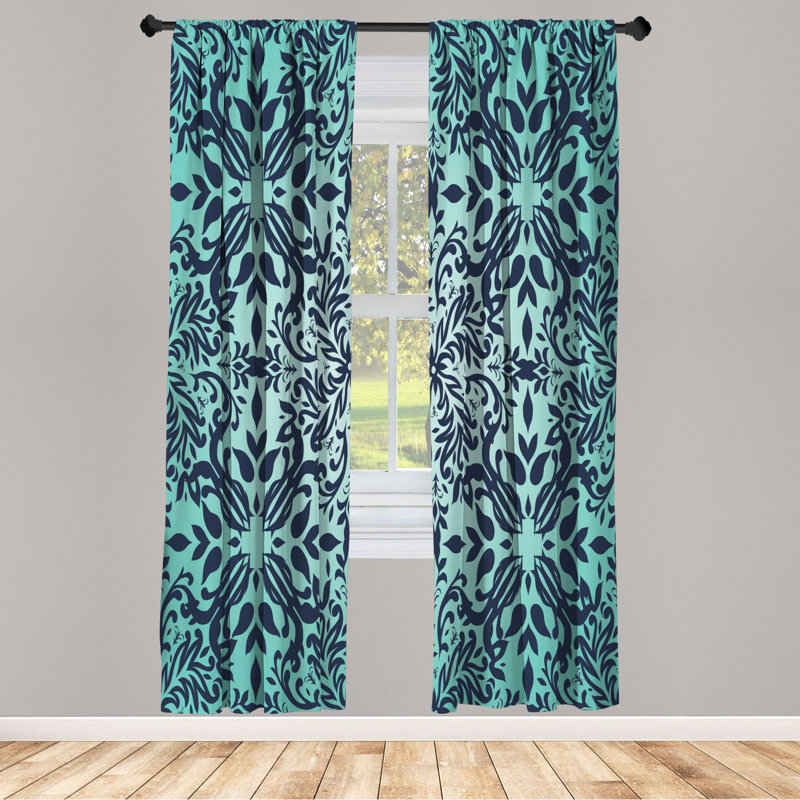 Microfiber Floral Semi-Sheer Rod Pocket Curtain Panels, 28" W x 84" L, Navy/Mint Green