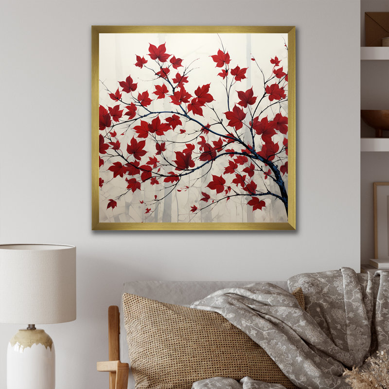 Red Leaves Scarlet Simplicity - feuilles, art mural encadré, Cadre doré simple, H 16 po x l 16 po x P 1 po