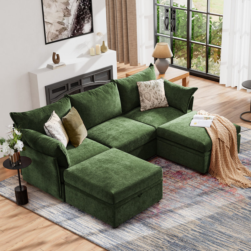 Canapé modulaire moderne réversible de 102 po de largeur avec repose-pieds en tissu chenille de qualité supérieure, Vert