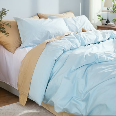 100% Washed Cotton Duvet Cover King Size – Light Blue, Linen-Like Texture, Super Soft & Breathable Bedding Set, 3-Piece Durable Percale Comforter Cover