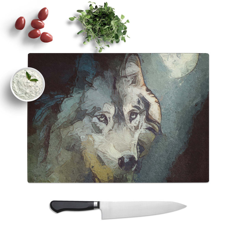 Tempered Glass Wolf Under the Moon in Abstract Chopping Board, 39 cm W x 28.5 cm L