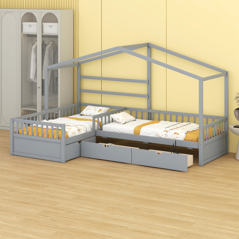 Lit plateforme House avec trois tiroirs de rangement, Gris