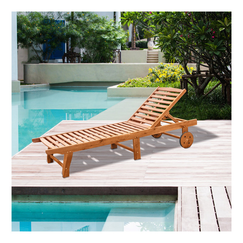 Outdoor Folding Chaise Lounge Chair Recliner With Wheels, Acacia Wood Frame - Teak Color