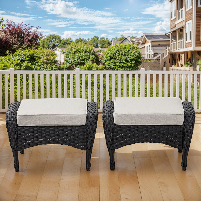 Repose-pieds d'extérieur en osier Arbor avec coussins moelleux pour l'extérieur - durable et résistant aux intempéries, Noir