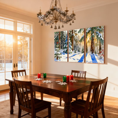 «Christmas Winter Forest Snowy Trees Pine Cônes Sunset Reflections», ensemble de 3 impressions d'art sur toile