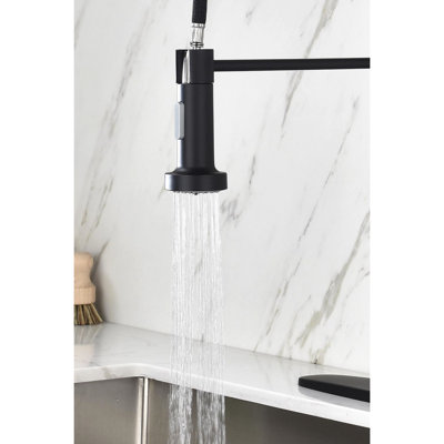 Matte Black Kitchen Faucet With Pull-Down Feature, Stainless Steel, 360 Rotating Nozzle, Two Water Output Settings For User- Experience Pull Down Spring In Black, Versatile Usage