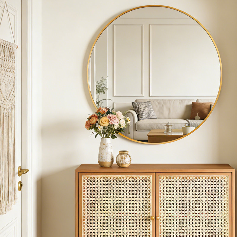 Miroir de salle de bain rond avec cadre en alliage d'aluminium et verre trempé, 36 po x 36 po, Laiton brossé