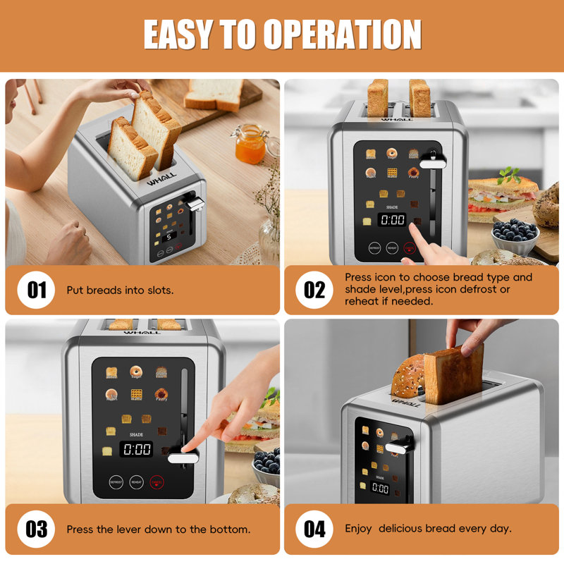 Whall Touchscreen Toaster 2 Slice, Stainless Steel, Warming Rack, 1.5 Wide Slots, 850w