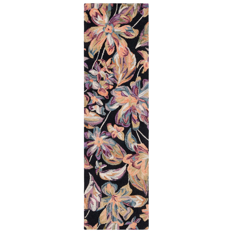 Kehler Hand Tufted Wool/Cotton Floral Rug in Black/Plum, Runner 2'3" x 8'