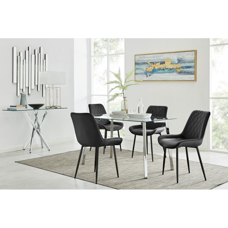 Modern Casino Glass and Metal Hairpin Leg Dining Table Set With 4 Luxury Velvet Dining Chairs