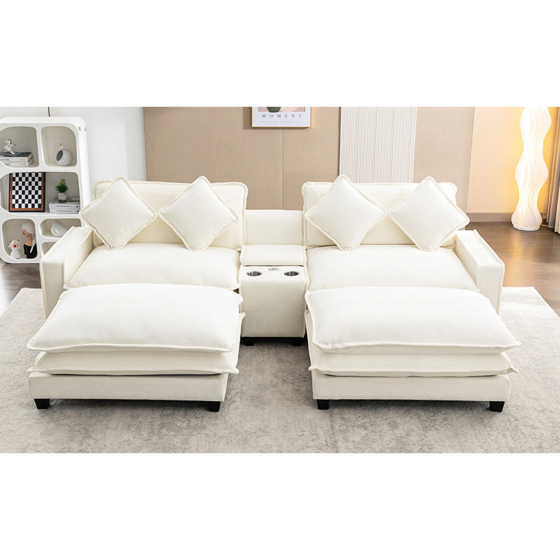 Canapé modulaire en chenille beige de 111 po avec deux repose-pieds amovibles, coussin double, hublots, porte-gobelets, grand rangement et 4 coussins décoratifs pour le salon, beige, coussins décoratifs cachés, respirant