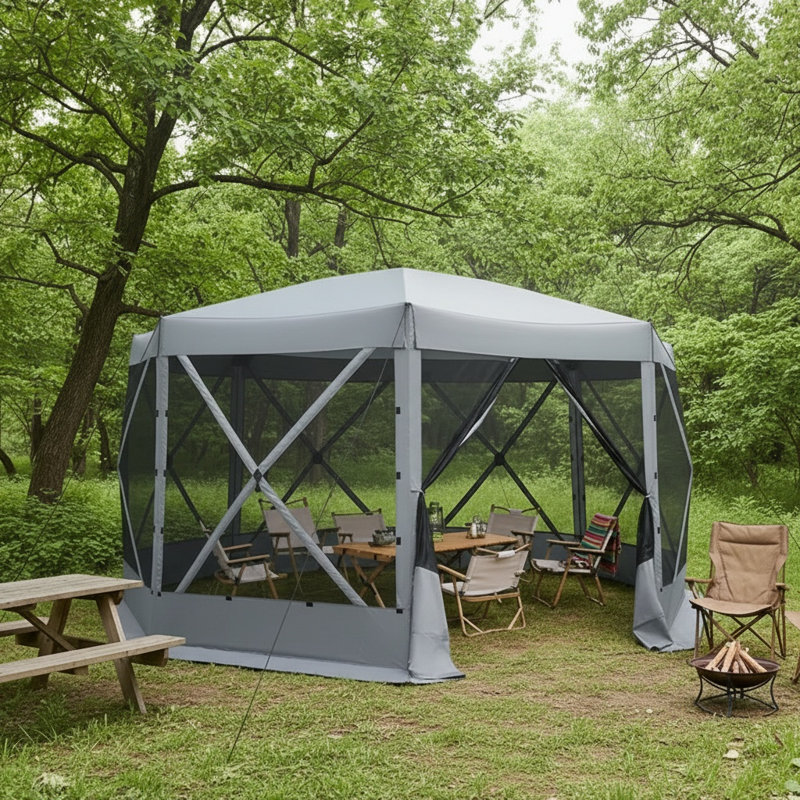 Pavillon de jardin escamotable 15x15 avec moustiquaire pour camping, moustiquaire et moustiquaire, Gris