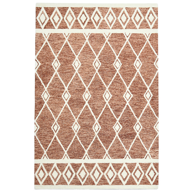 Tapis rouge en laine à boucles et crocheté à la main à motif géométrique Gittel, Rectangle 9 pi x 13 pi