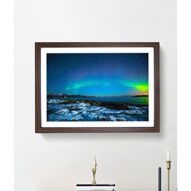 The Northern Lights Aurora Borealis in Norway - Picture Frame Painting Print, 48cm H x 65cm W x 2cm D, Walnut Framed