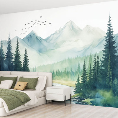 Papier peint adhésif pelez et collez, paysage de montagne serein, arbres de pin, style aquarelle, adhésif et amovible en vinyle imperméable (144 po x 100 po)