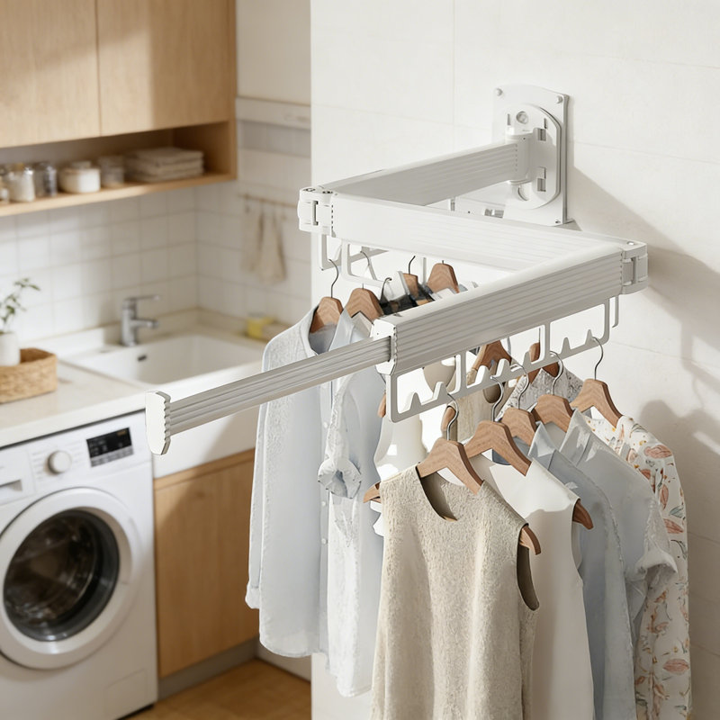 Wall-Mounted Laundry Drying Rack, Foldable Clothes Hanger Organizer, White