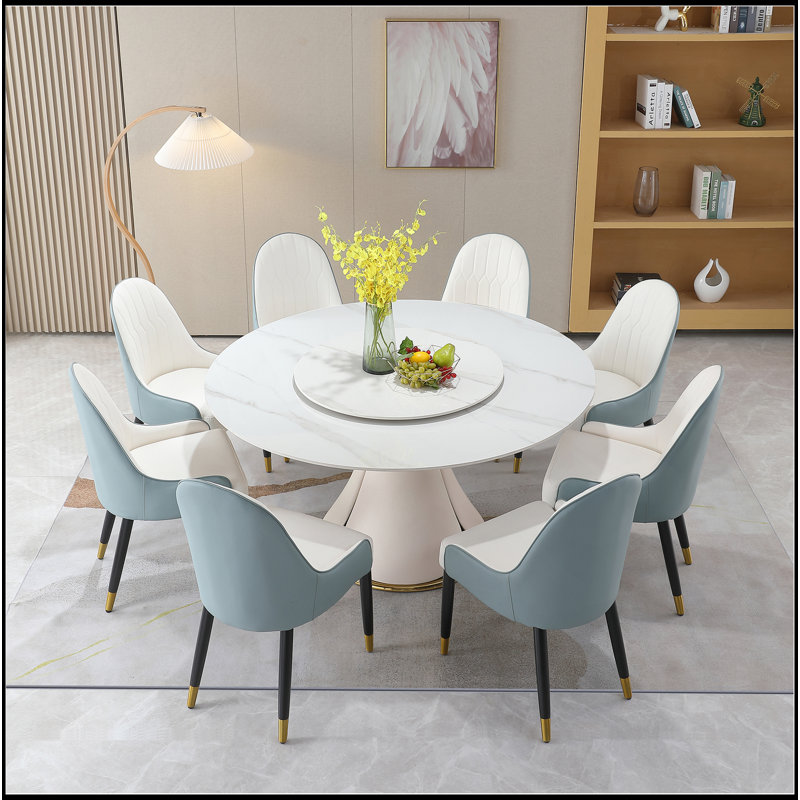 Table de salle à manger 59,05 "en pierre artificielle moderne avec table tournante ronde de 31,5" avec piédestal exquis en bois et en métal avec 8 chaises.