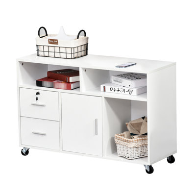 Office Printer Stand - White Mobile Cabinet With Caster Wheels, 2 Locking Breaks, Drawer, And 3 Shelves For Keeping Notebooks In Home Organizer Space Magazines Supplies