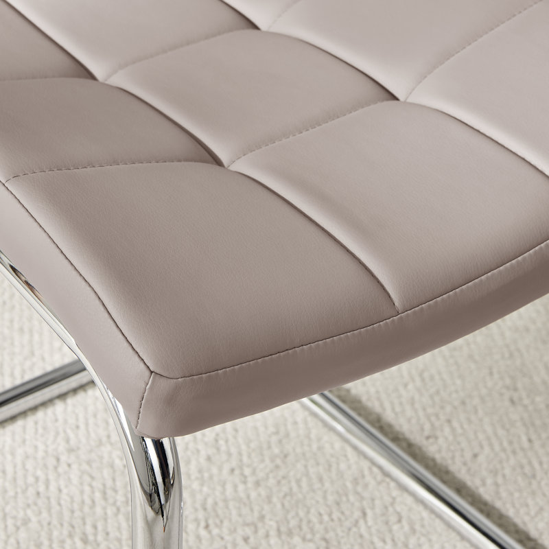 Chowchilla Faux Leather Cushioned Chrome Cantilever Leg Dining Chairs with Square Stitching, Beige