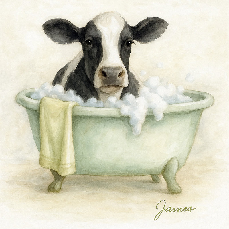 «So poser Moo-Ments» - Vache dans une baignoire, art mural sur toile, H 40 po x l 40 po
