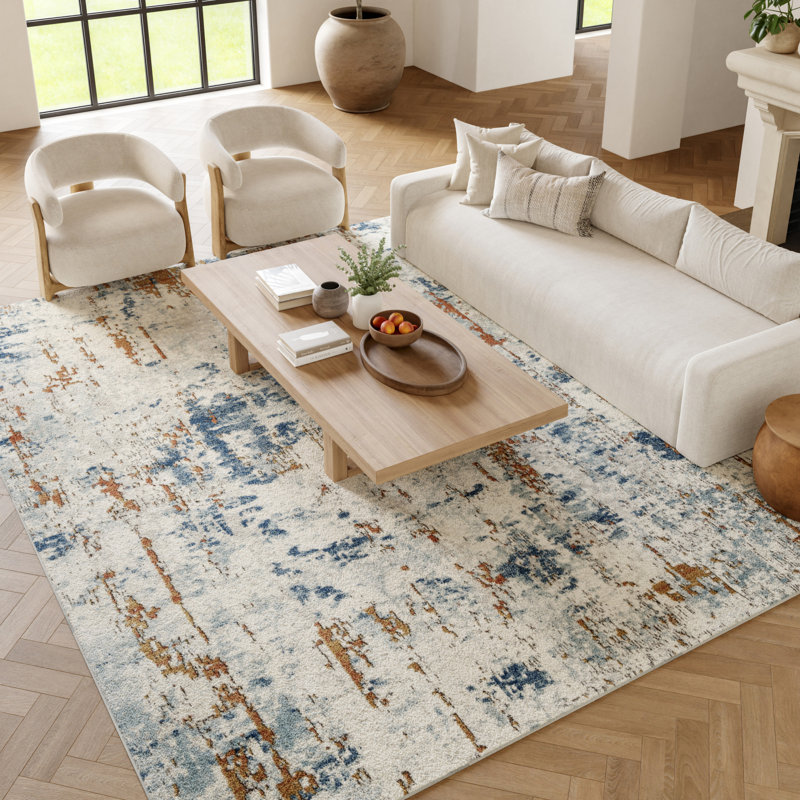Tapis beige / gris en polyester / polypropylène tissé à la machine Addie, Beige/Blue/Rust, Rectangle 5 pi 3 po x 7 pi 3 po