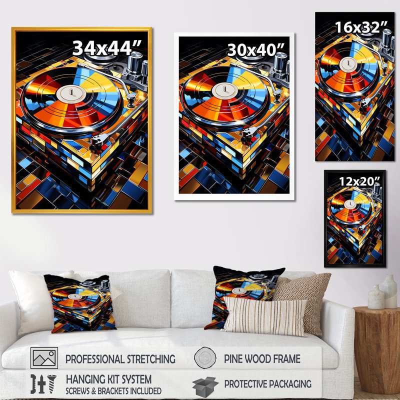 Colorful Jazz Vinyle Melody - Disque vinyle, art mural, H 44 po x l 34 po x P 1,5 po, Cadre flottant doré