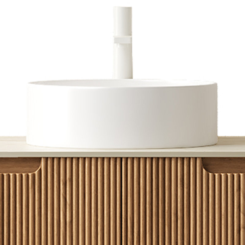 Meuble-lavabo de salle de bain, meuble de rangement flottant à bord arrondi en contreplaqué avec 2 tiroirs, lavabo rond en céramique et plateau en pierre frittée à motif de travertin, pré-assemblé