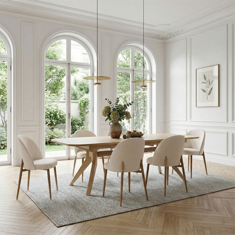 7-Piece Extendable Oak Dining Set with 8 Curved Back Upholstered Chairs