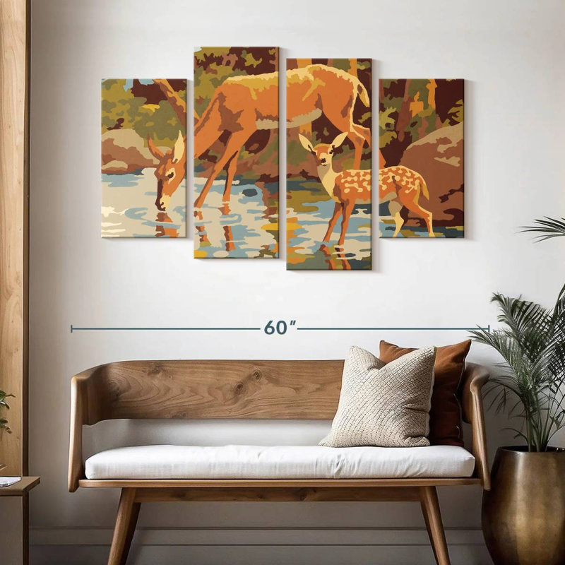 Cerf et fauve, H 32 po x l 52 po