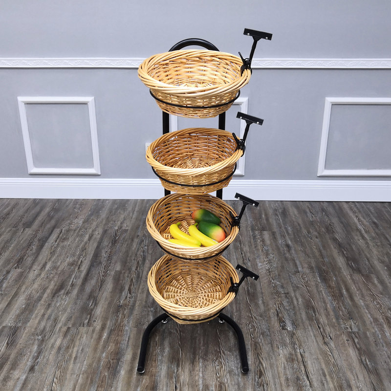 4 Tier Basket Stand, Sign Clips, Wicker Grocery Store Rack Display, Market Basket Rack Kitchen