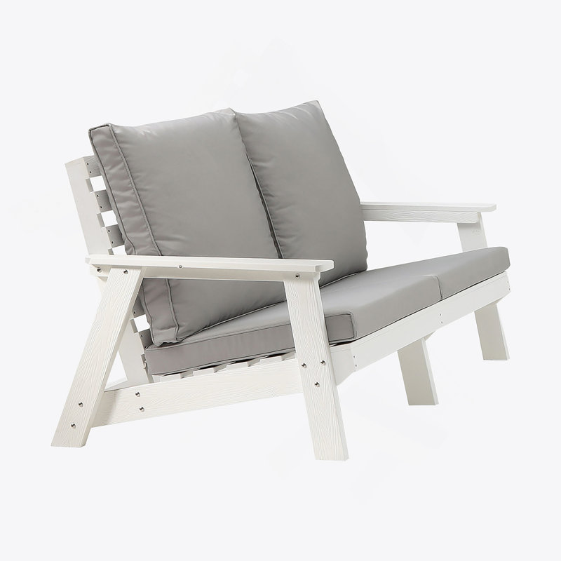 HIPS Loveseat With Cushion, Wood Grain Outdoor Garden Sofa, Gray/White