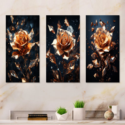 Gilded Gold And Black Rose Flowers I - Rose Metal Wall Art Living Room Set Of 3