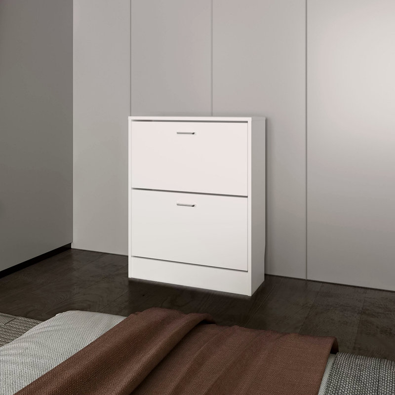 Shoe Cabinet, 2 Tilt-Out Doors, Slim Design, Internal Supports, Modern Style, White