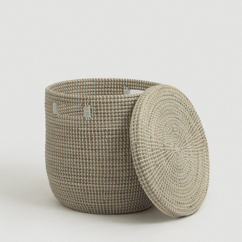 Medina Flat Lid Seagrass Basket - Small, Beige/White, 15.75" H x 16.5" W x 16.5" D