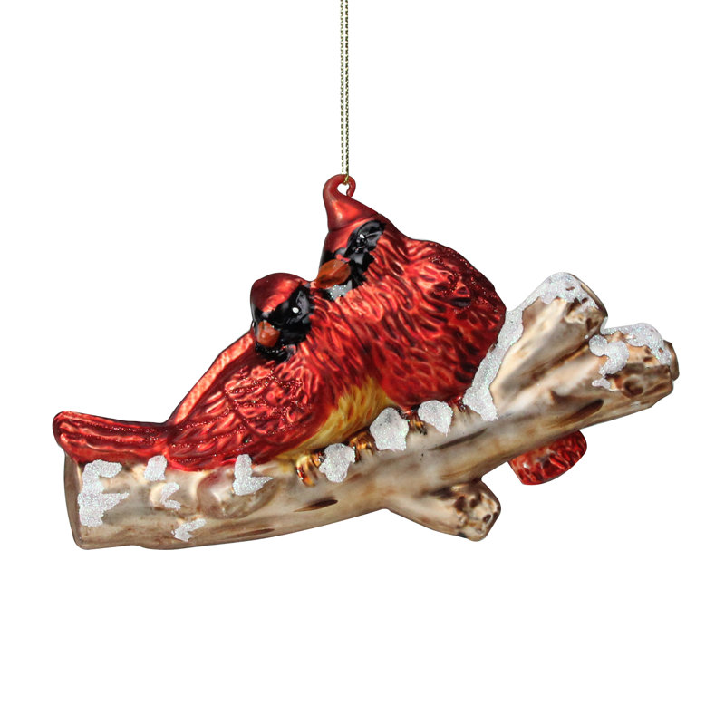 Ornement de Noël 4 po en forme de cardinal rouge et or sur une branche enneigée