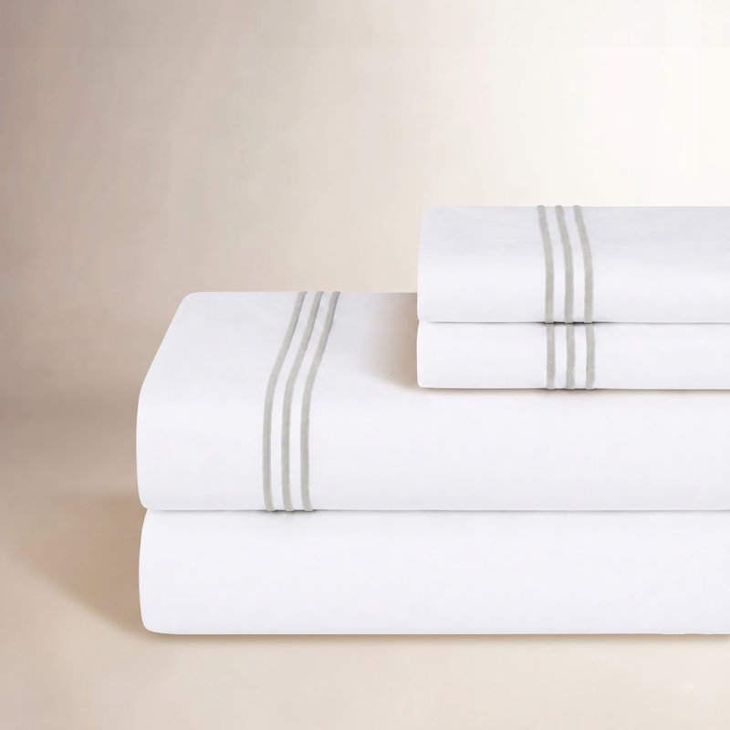 Ensemble de draps en coton Brandon, Ensemble de draps pour très grand lit avec 2 taie, Blanc / argent