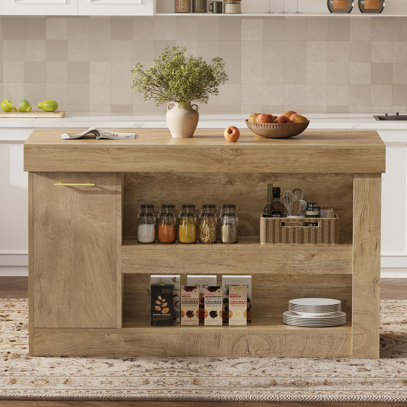 Îlot de cuisine avec armoire de rangement pour poubelles, grande table de préparation de 55 pouces avec tablette à 2 niveaux