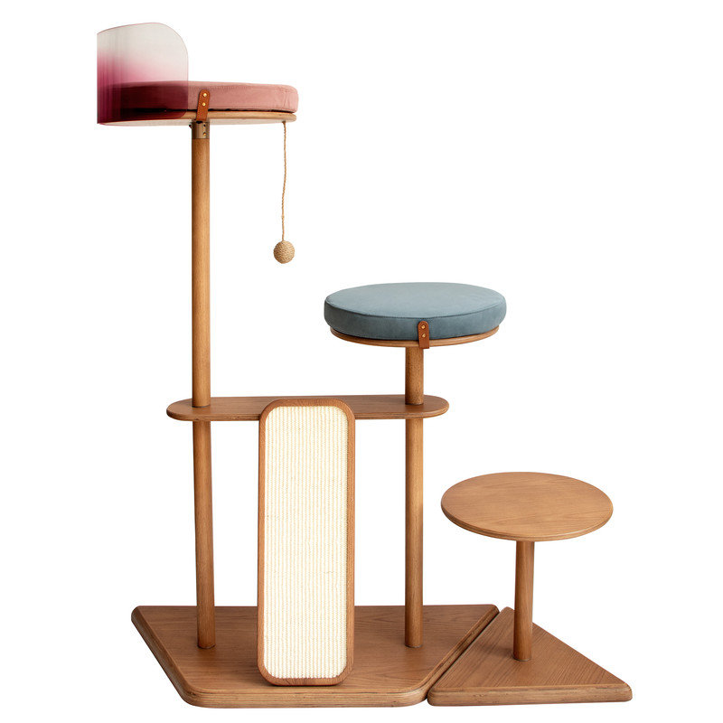 Tour pour chat d'intérieur géométrique moderne avec tablettes en placage de chêne, poteaux en bois massif, colonnes à griffes en sisal et dosette en acrylique transparent
