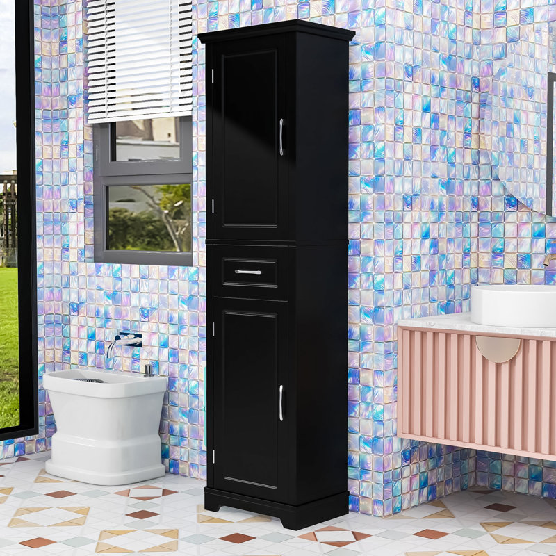 Minimalist Bathroom Storage Cabinet with Drawer, Adjustable Shelves and Anti-Toppling Design, Black