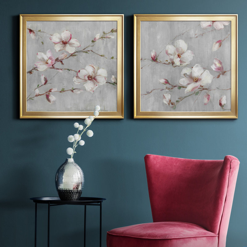 Magnolia Spring I - 2 pièces, peinture sur toile encadrée, Cadre doré, H 17,5 po x l 35 po x P 1,5 po