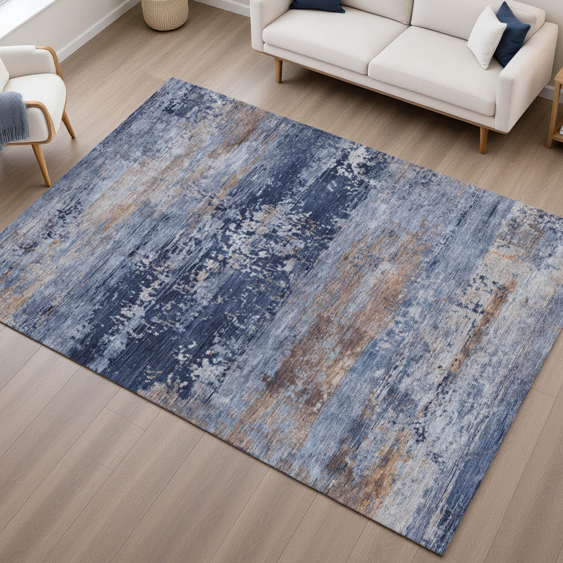 Tapis abstrait lavable à la machine de qualité supérieure Mayfield AMF2146, Bleu, Rectangle 10 pi x 14 pi