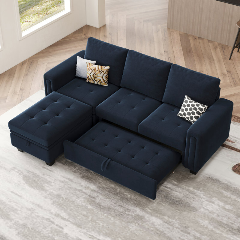 Shavera Velvet Modular Sectional L-Shaped Sleeper Sofa Bed With Storage Ottoman For Living Room Apartment, Blue Velvet